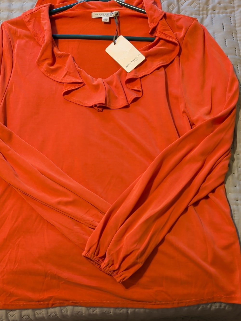 Green Envelope Coral Ruffle-Trim Long Sleeve Top